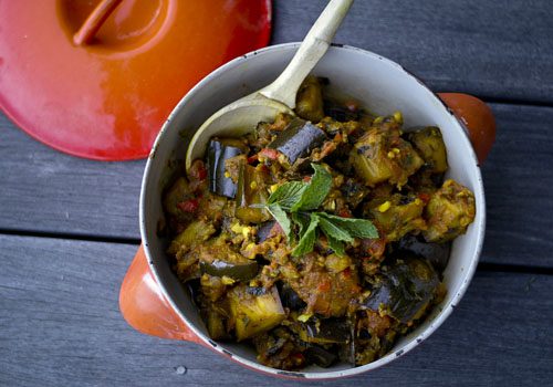 eggplant curry in white bowl